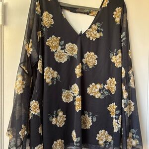 Torrid Dark Grey Floral Mesh Top with Slip and Bell Sleeves